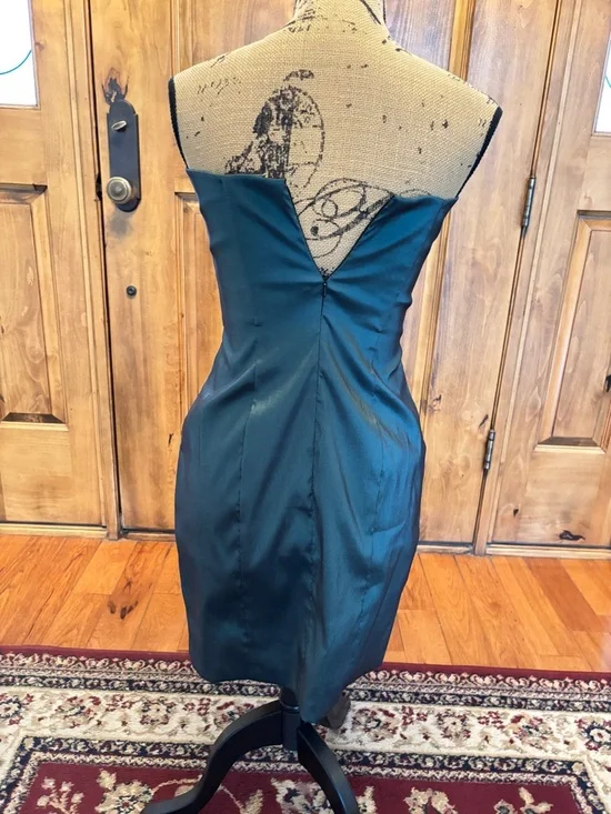 Jessica McClintock Teal Strapless Satin Dress with Rosette Trim - Picture 3 of 4